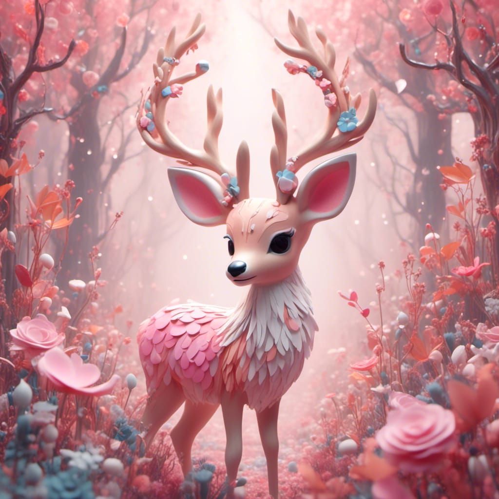 Cute Deer Bambi in Pastel Fairy-Tale Forest