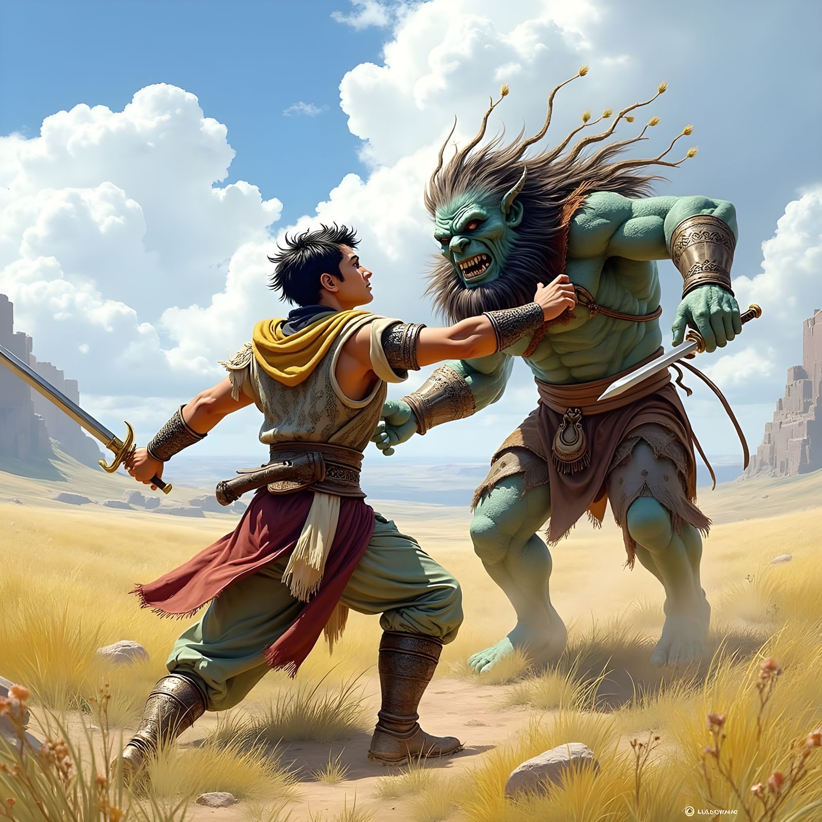 Arabian Warrior Battles Troll on Sunny Field