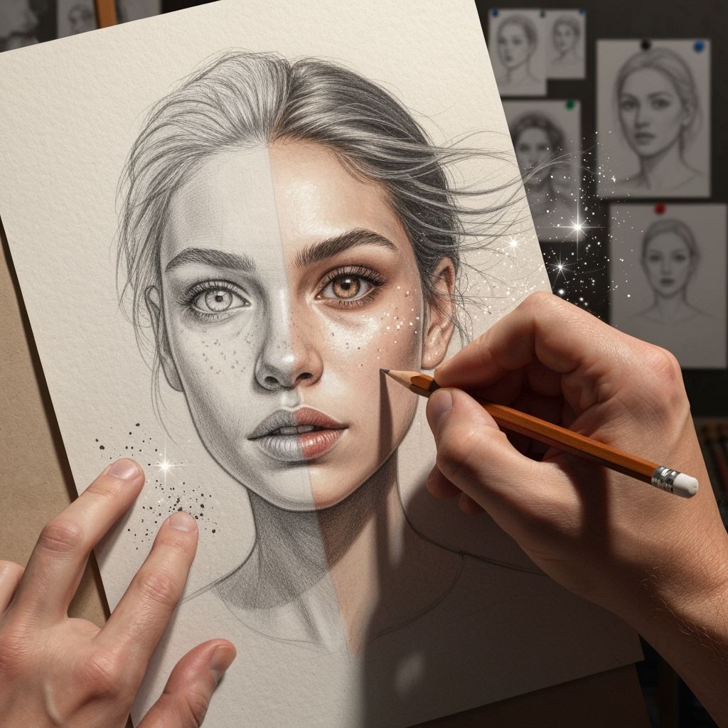 Artist's Hand Creates Living Portrait: Mixed Media Illustrat...