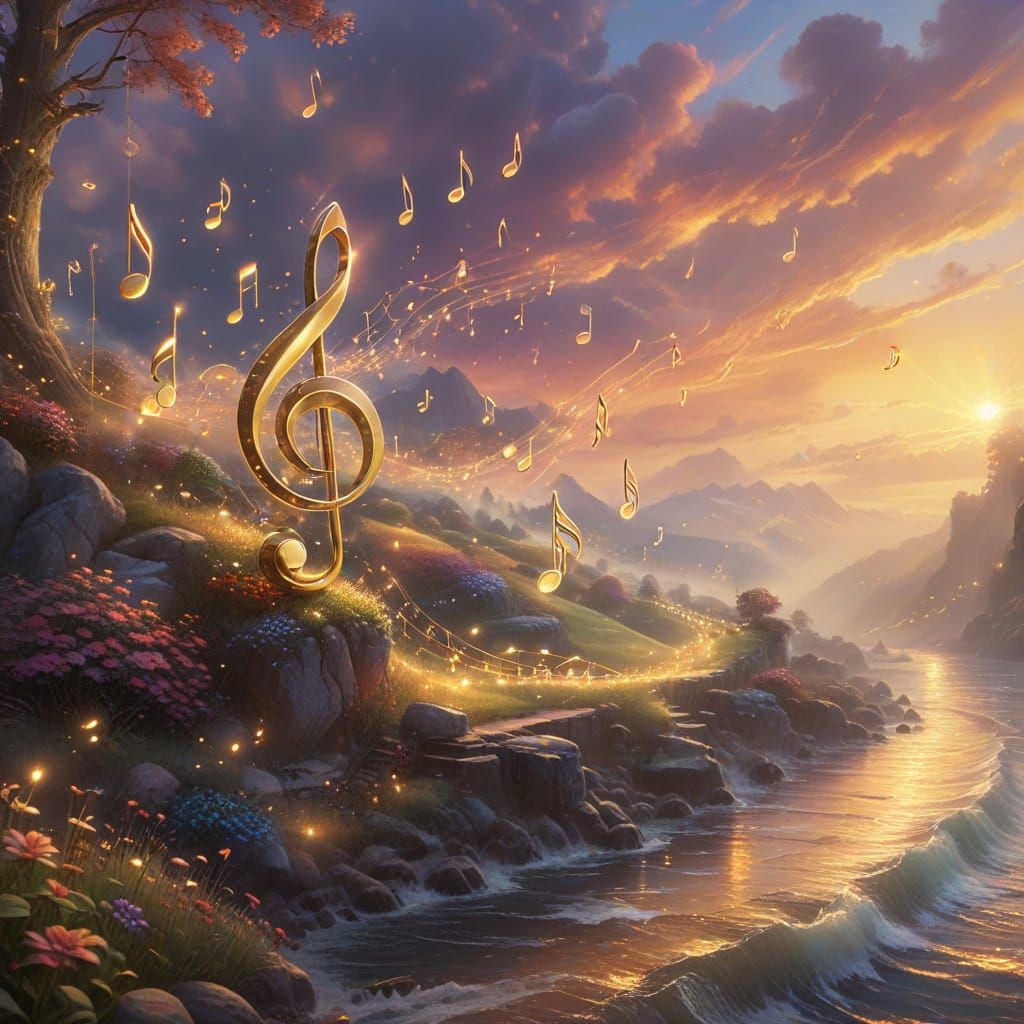 Ethereal Fantasy: Musical Notes Flow to Horizon