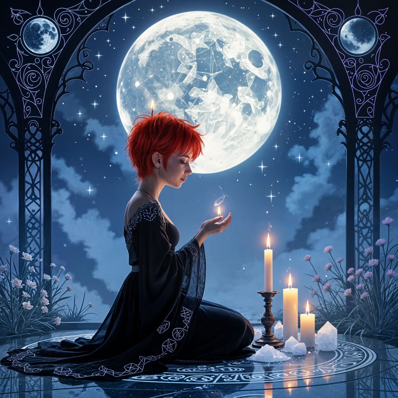 Ethereal Woman's Altar Ritual in Violet and Moonlight Blues