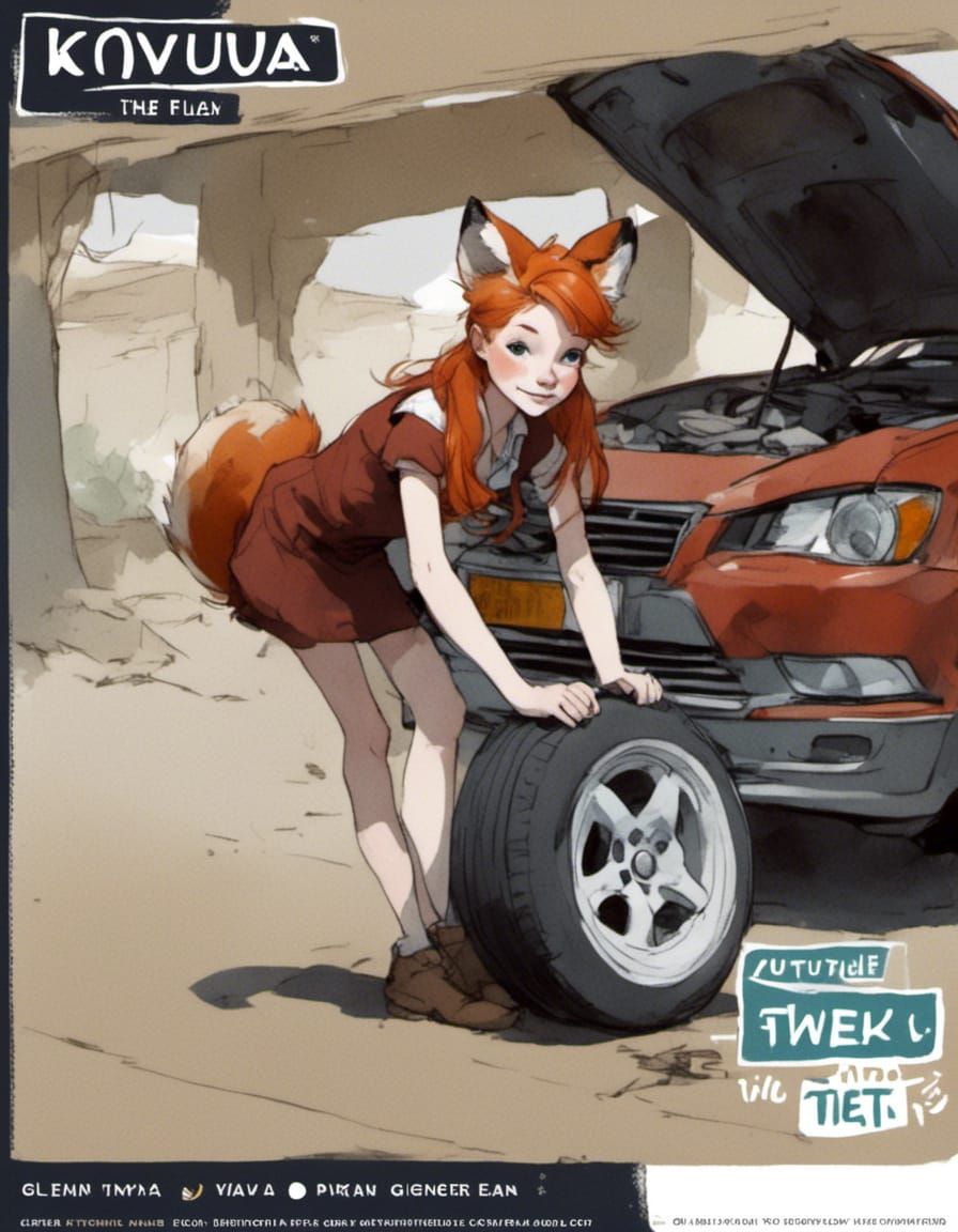 An advertisement for Adorable Fox-girl VIXEN'S Fix-it Shop. "Yes! I can change your tire on any vehicle, make, and mode...