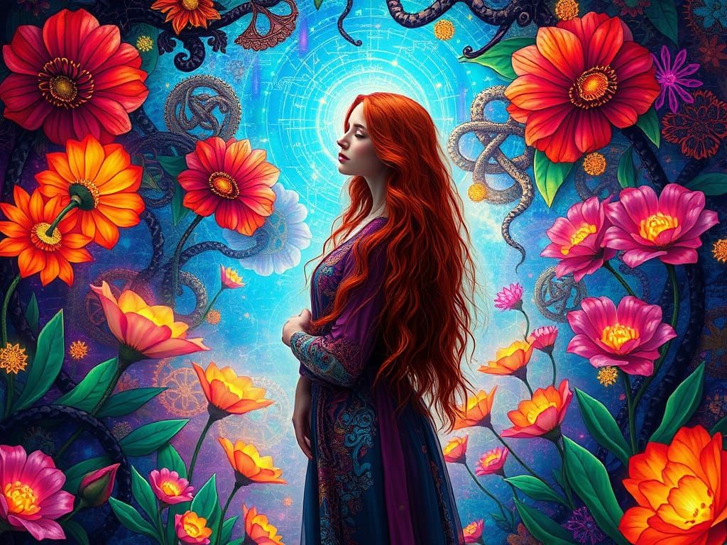 Red-Haired Woman in Bioluminescent Celtic Garden