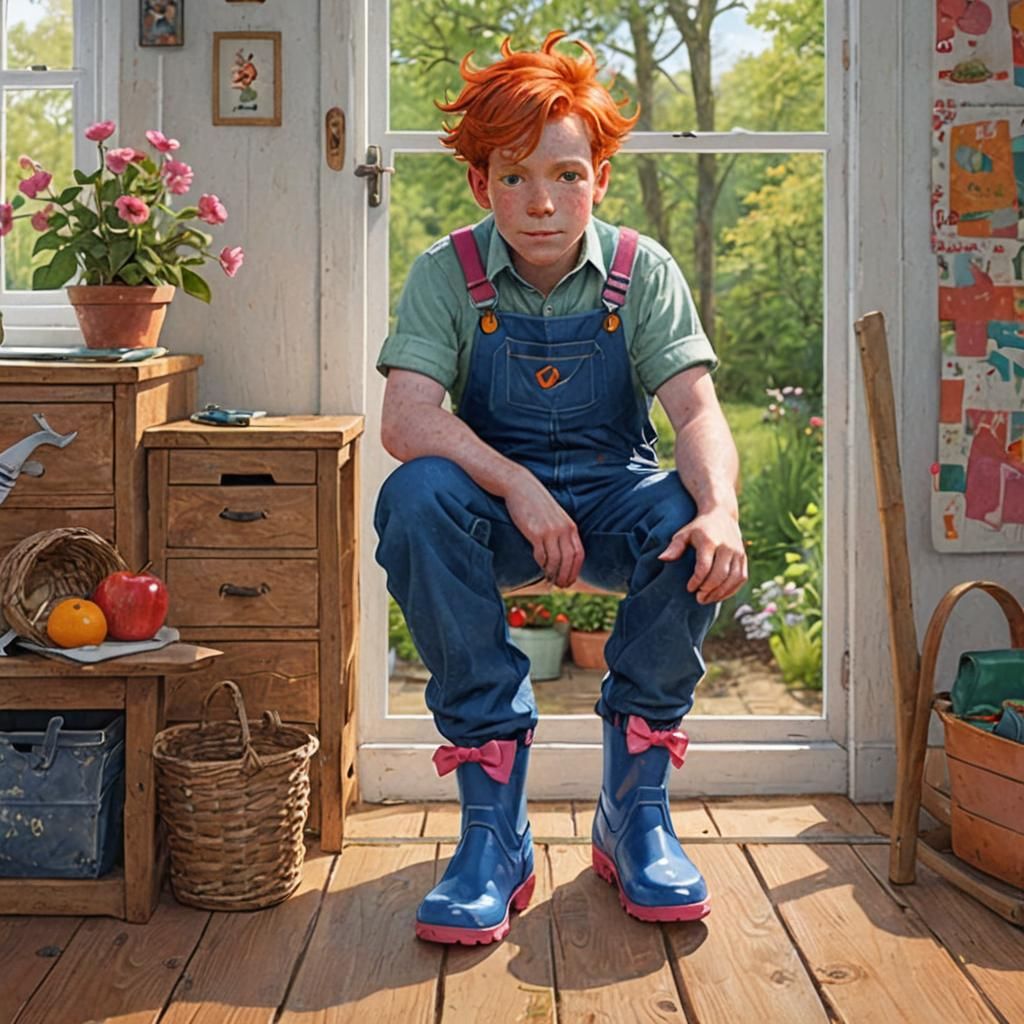 Boy with Red Hair in Overalls and Boots