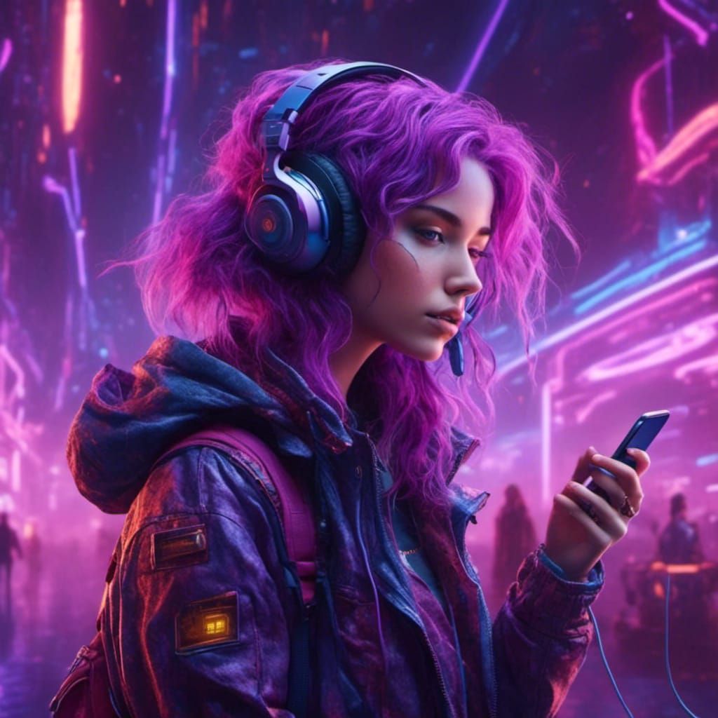 Purple-Haired Woman with Headphones in Cyberpunk Style