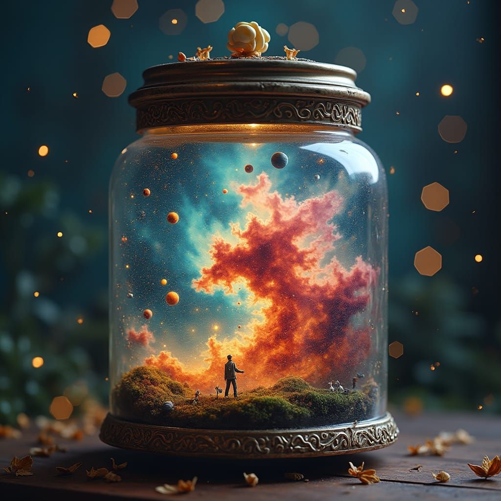 Miniature Galaxies Swirling in Ornate Glass Jar