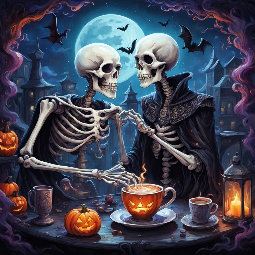 Ghost and Skeleton Enjoy Coffee with Cosmic Vibes