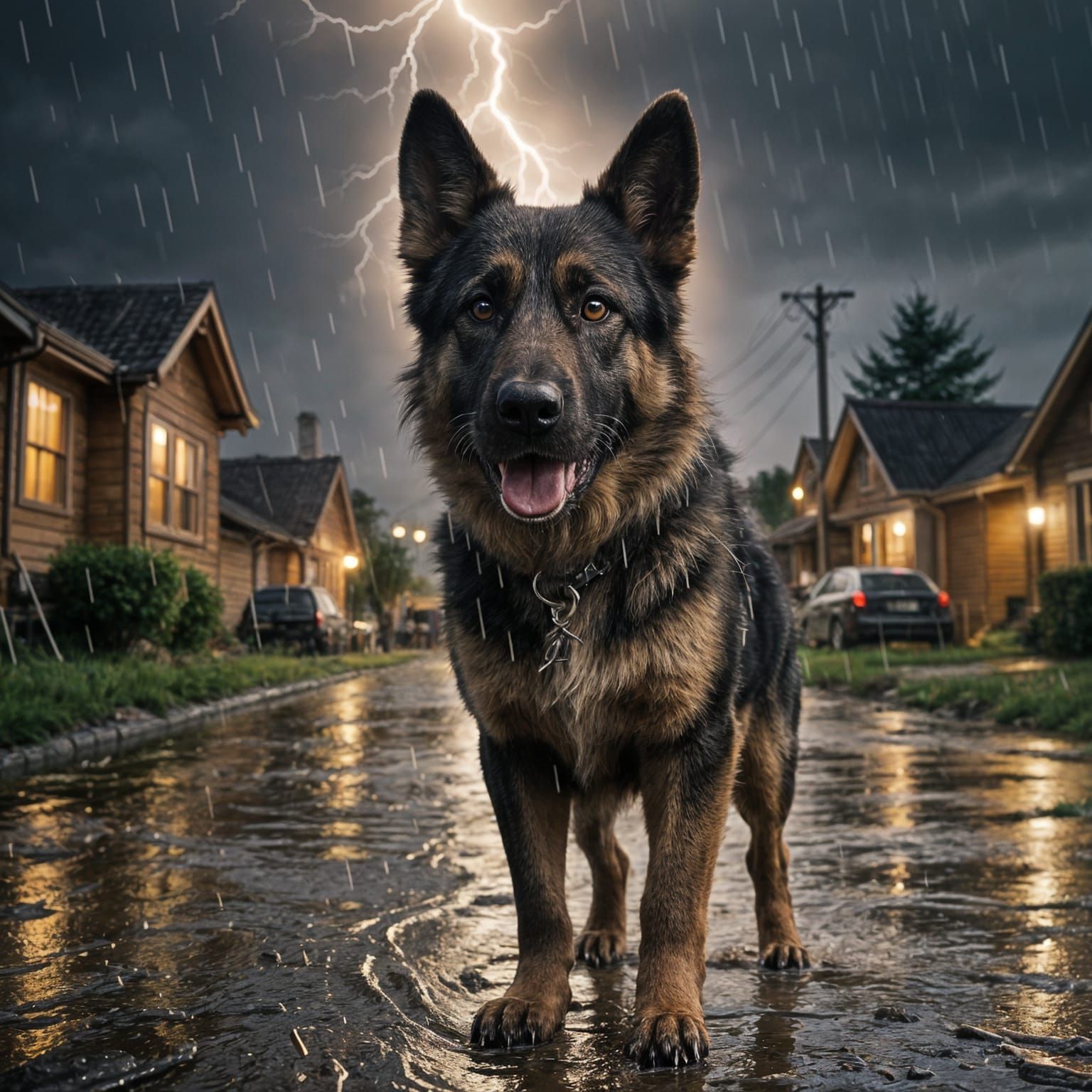 German Shepherd Dog in Cinematic Storm Rescue Scene