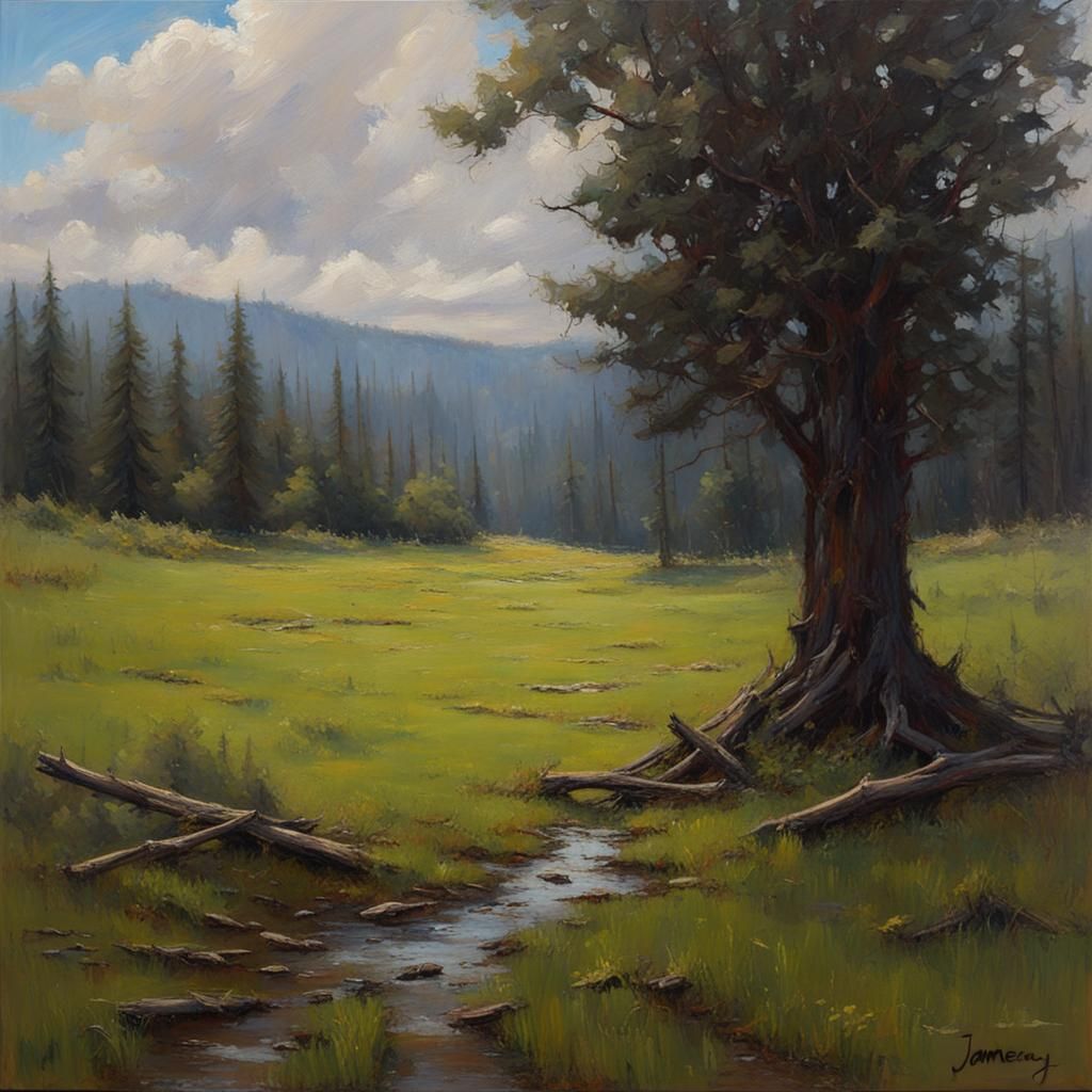 Ominous Meadow Landscape in Oil Painting Style