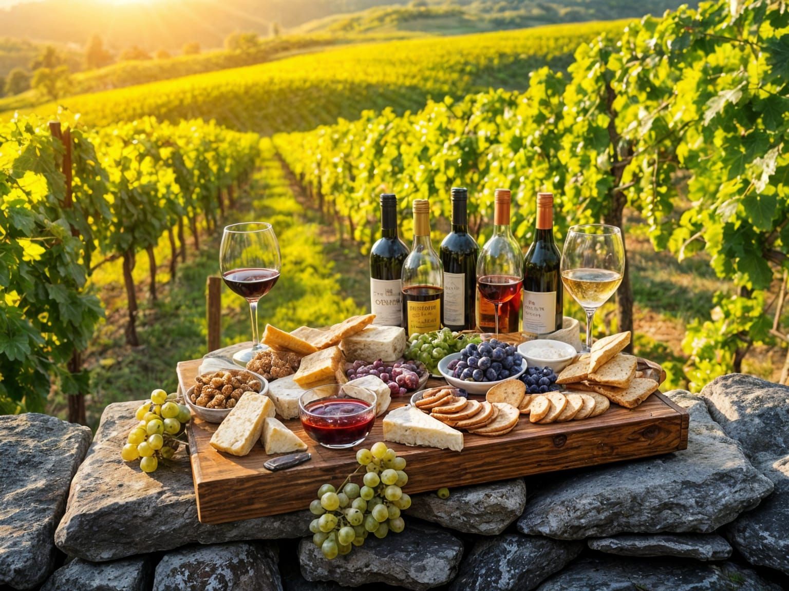 Lush Vineyard Wine and Cheese Still Life