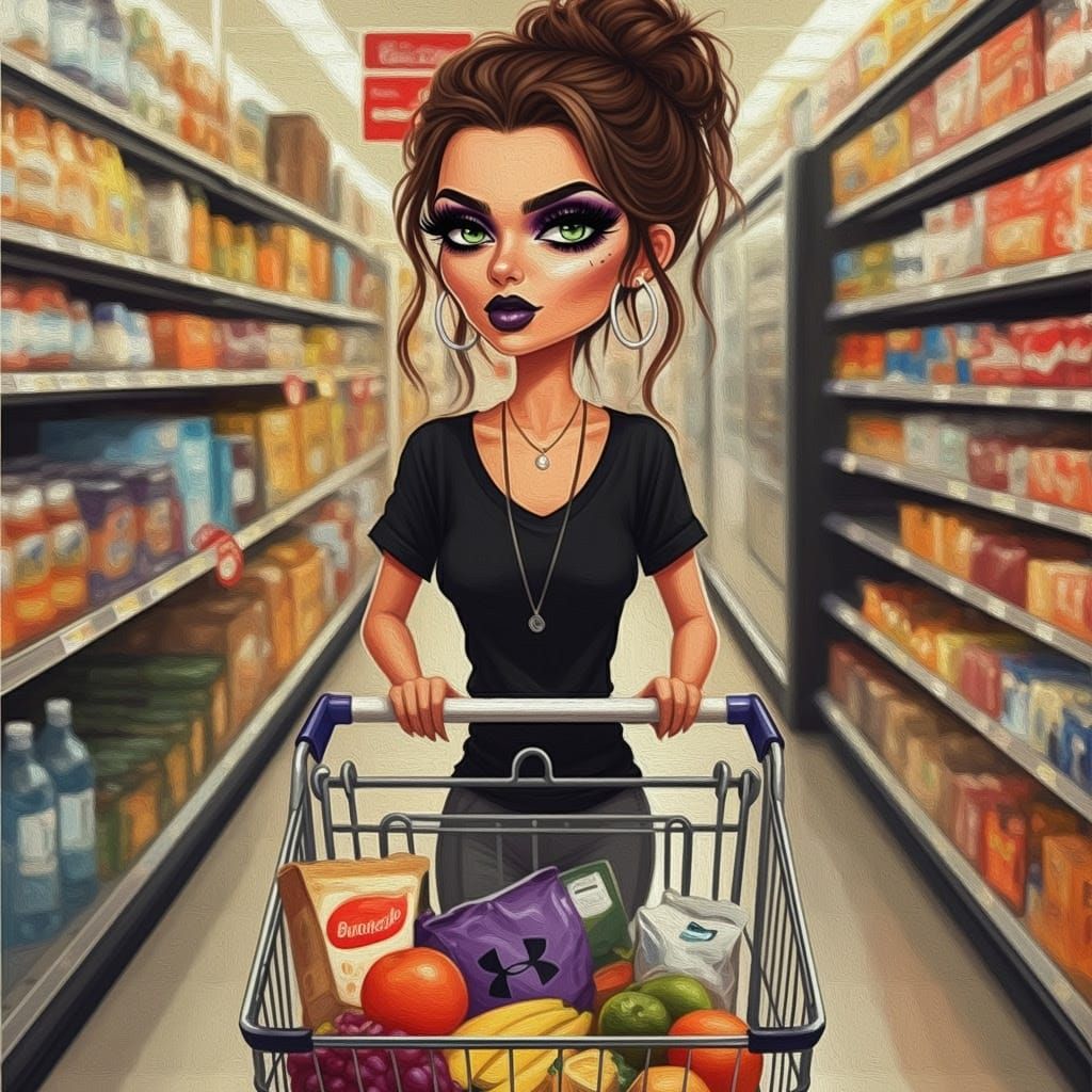 Cartoonish Oil Painting of Woman Shopping in Grocery Store
