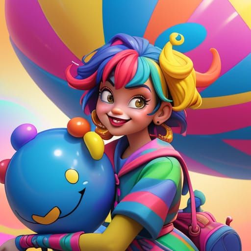 Vibrant Clown Creates Balloon Animals in a Colorful Playgrou...