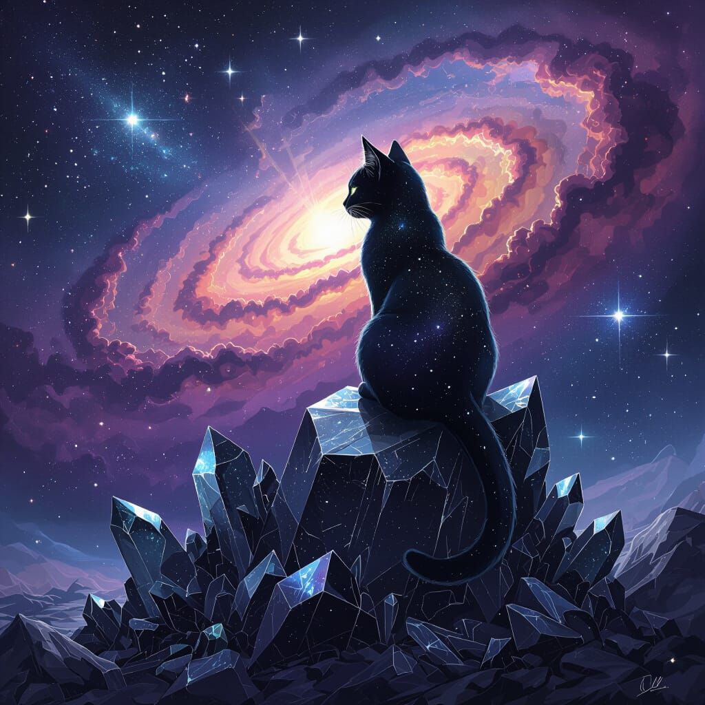Cosmic Cat Contemplates Galaxy: Splash Art Style