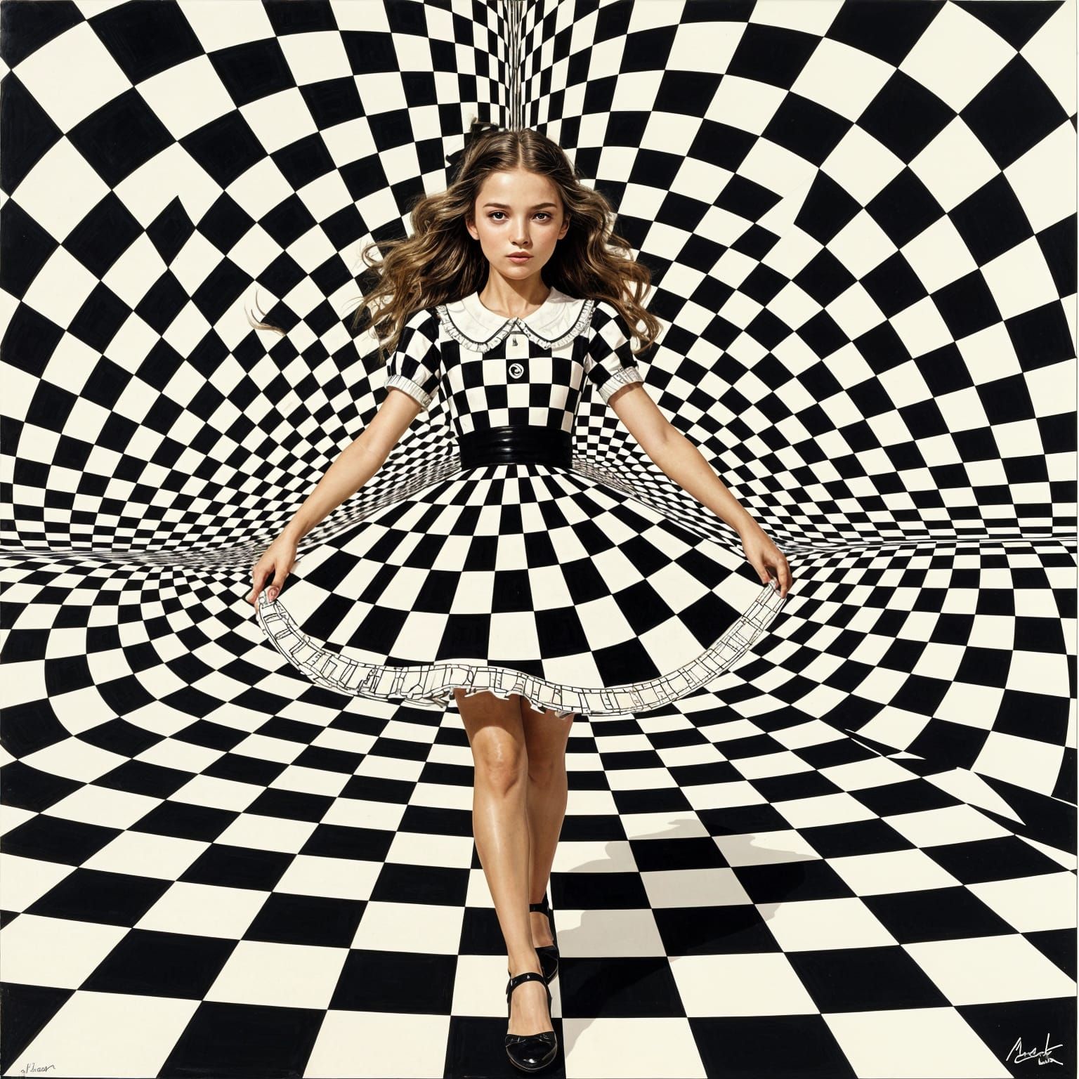 Op Art Girl in Dreamy Dark Academia Scene