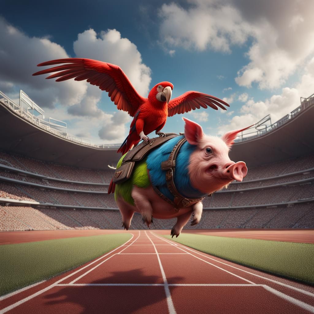 Parrot Rides Pig on Track: Fantasy Concept Art