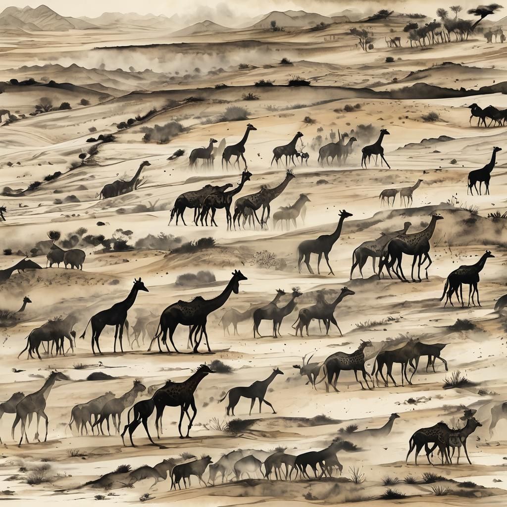 Surreal Desert Procession in Ink Wash Style