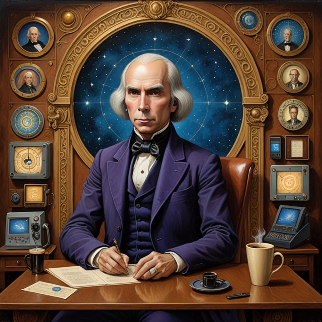 Surreal Portrait of James Madison in a Celestial Computer Ca...