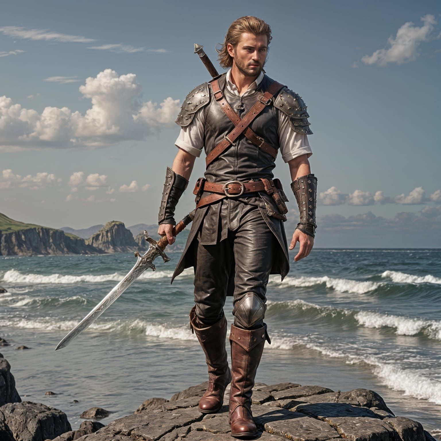 Agile DnD Fighter with Swords by the Sea