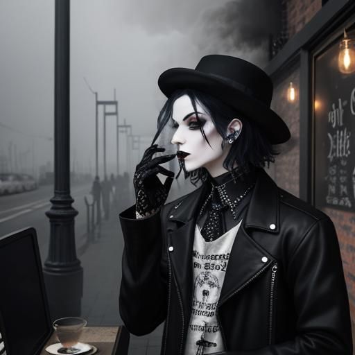 Goth Fashion Model in Smoky Coffee Shop