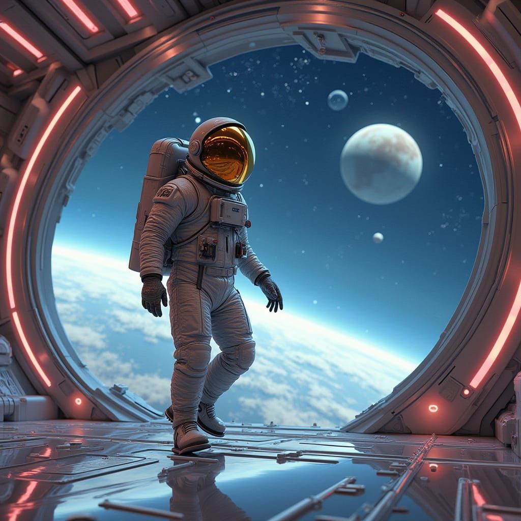 Astronaut in Futuristic Space Station with Celestial Vista