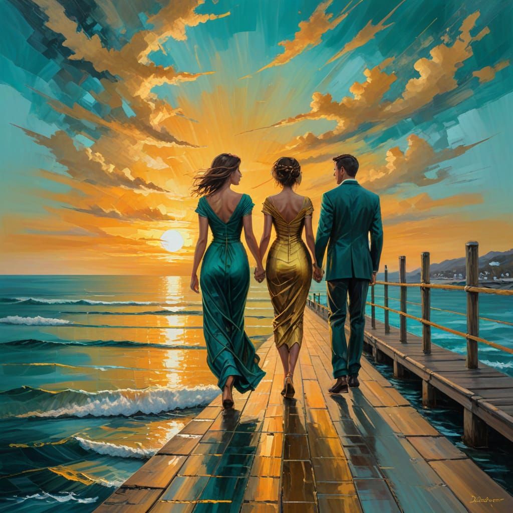 Sunset Serenade: Golden Pier Walk, Oil Painting