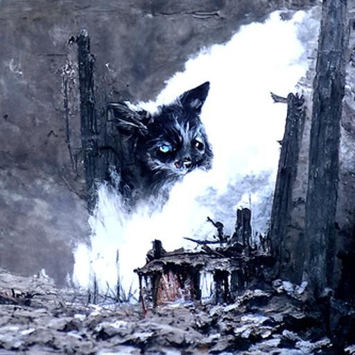 Post-Apocalyptic Cat in Ruined House, Dark Fantasy Art
