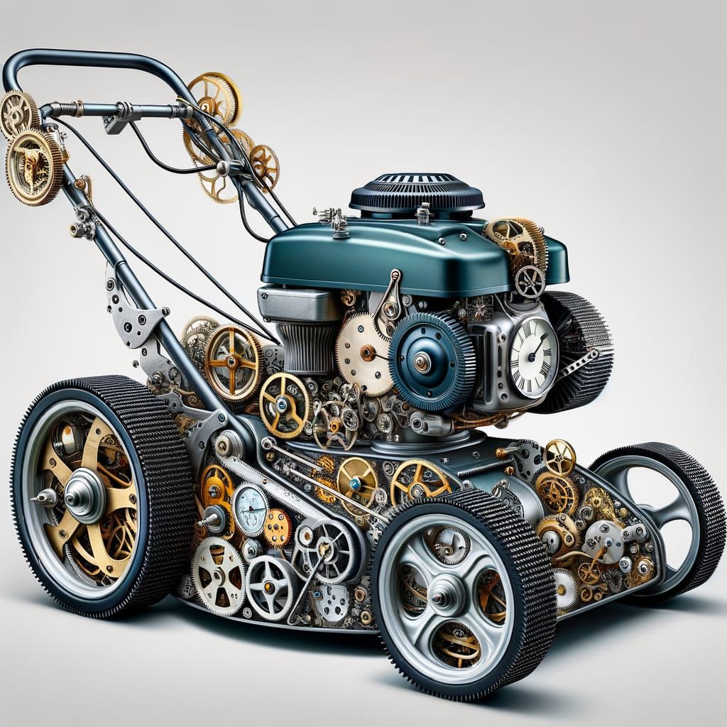 Lawn mower made of clock parts