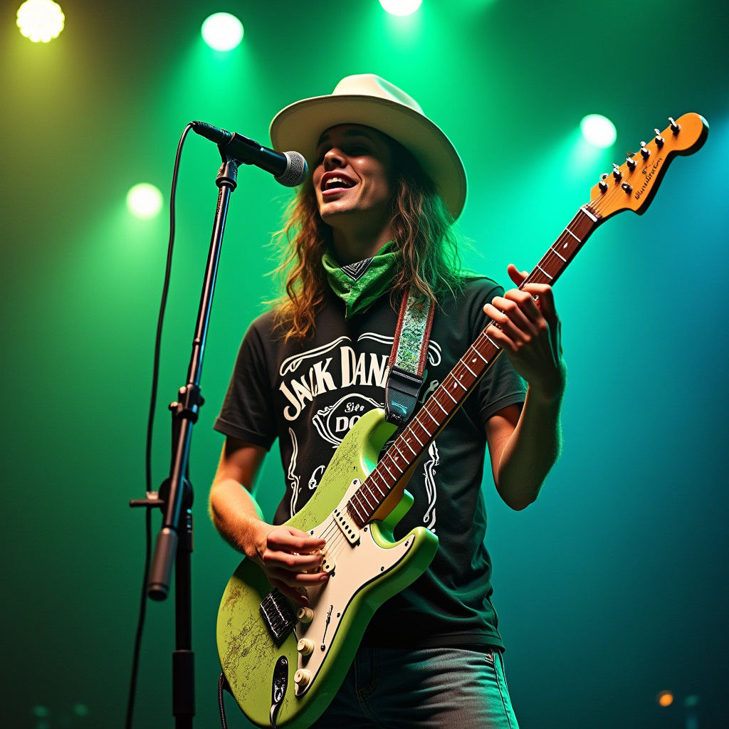 Rockstar with Guitar Under Stage Lights
