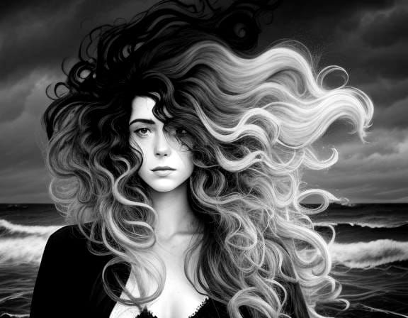 Moody Black and White Portrait of Woman by Ocean