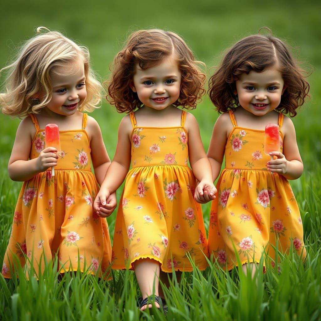 Three Girls Stroll on Emerald Green Meadow with Popsicles in...
