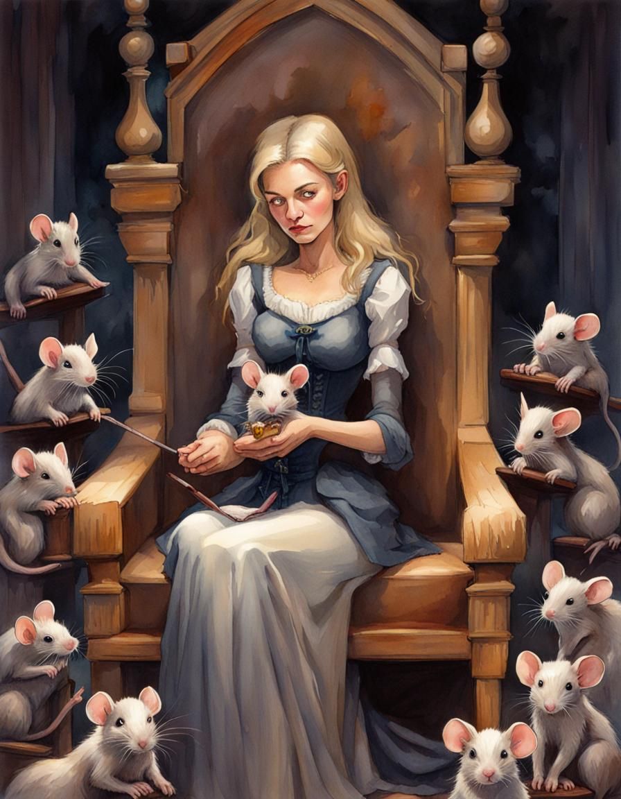 Witch on Mouse Throne in Watercolor Storybook Style