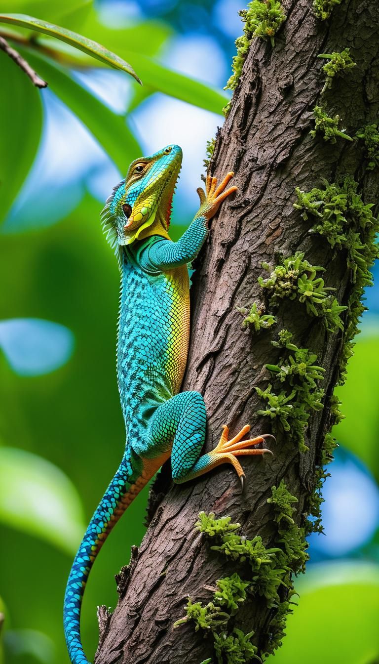 Lizard Climbing Tree in Lush Wildlife Habitat