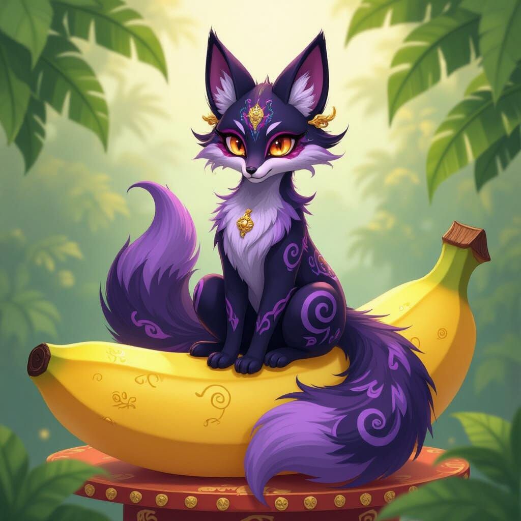 Purple Kitsune on Banana Shrine in Surreal Style