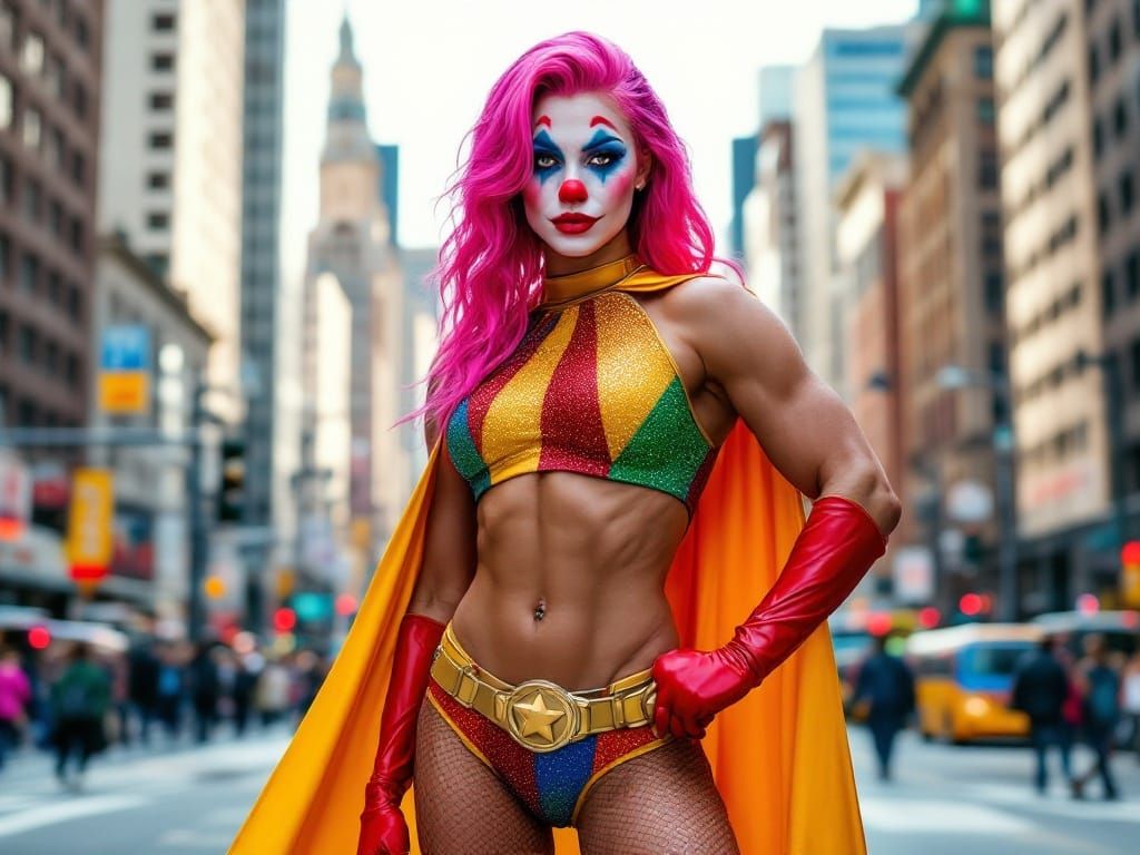 Vibrant Superheroine with Clown Makeup Stands Confidently in...