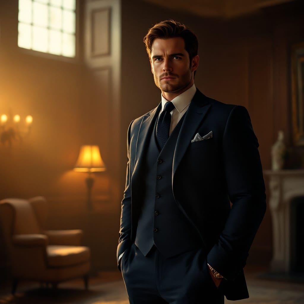 Portrait of a Distinguished Gentleman in Luxurious Study Set...