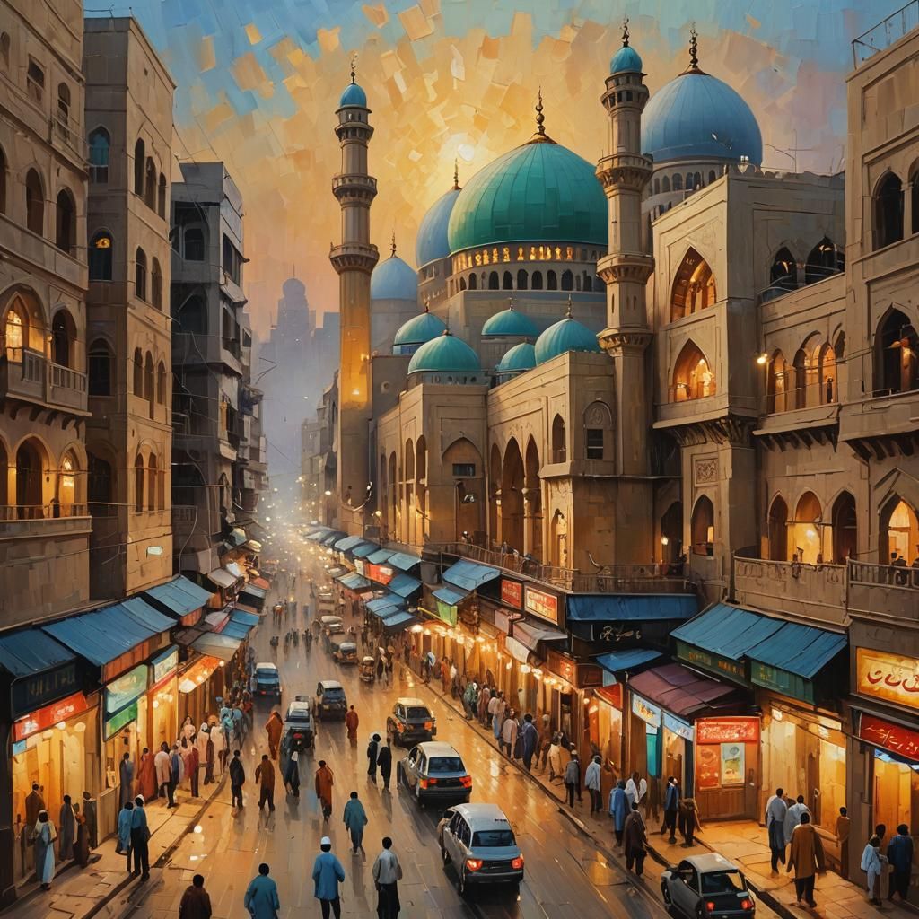 Karachi Cityscape Oil Painting with Golden Light