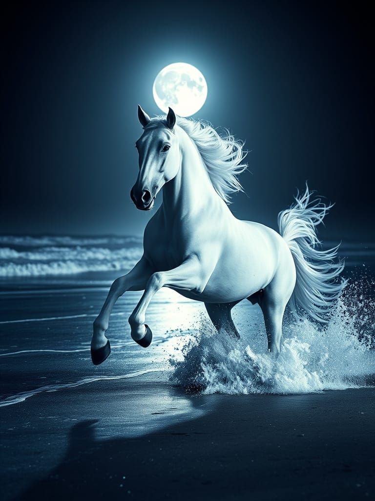 Majestic White Stallion Gallops Across Midnight Beach Under ...