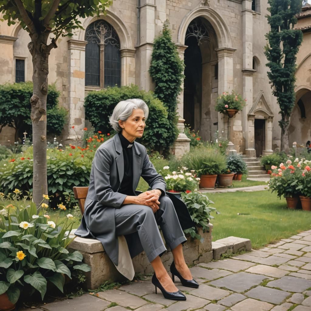 Woman in Garden of Italian Church