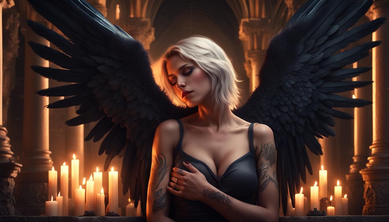 Angels Embrace in Gothic Temple: Dark Fantasy Concept Art