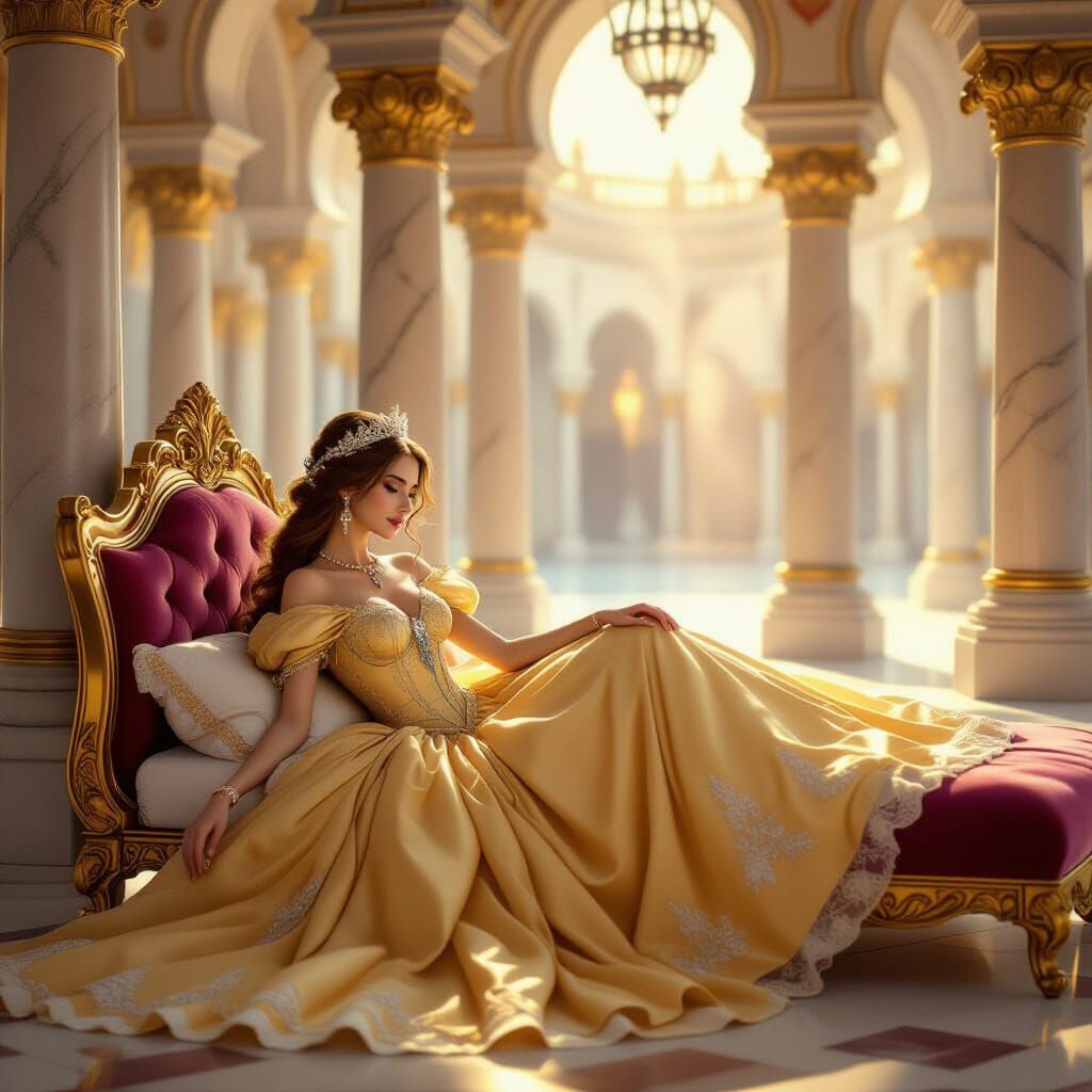 Dreamy Princess in Golden Gown in Ornate Palace