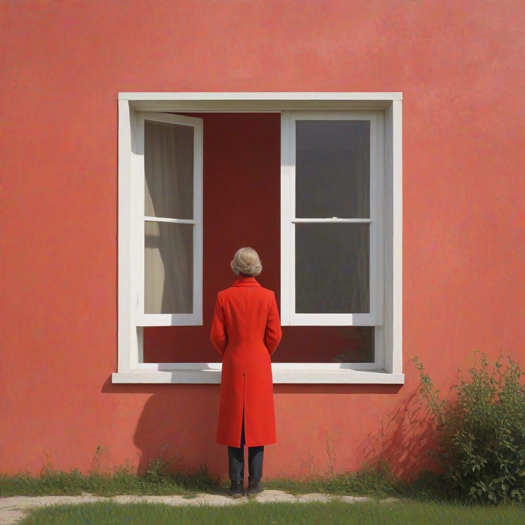 Red Textured Wall with Landscape in Halftone Print