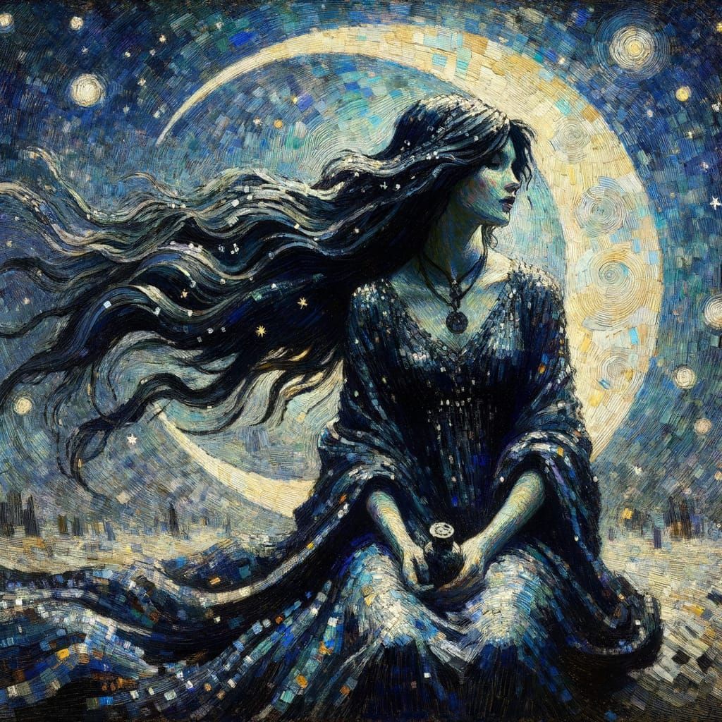 Norse Goddess Seated on Crescent Moon in Post-Impressionist ...