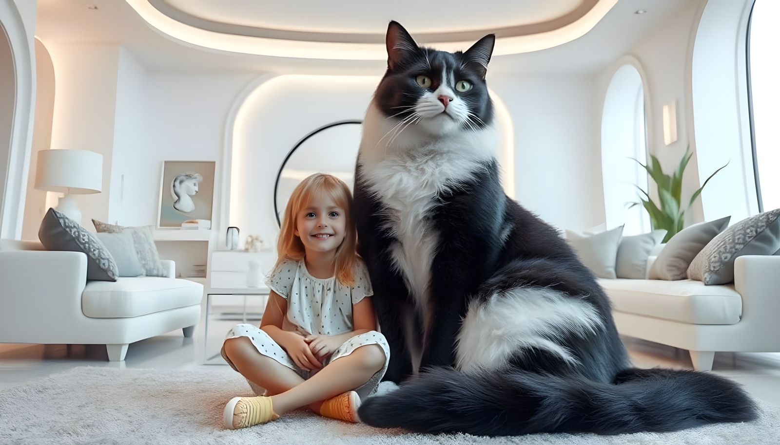 Girl with Giant Cat in Futuristic Room