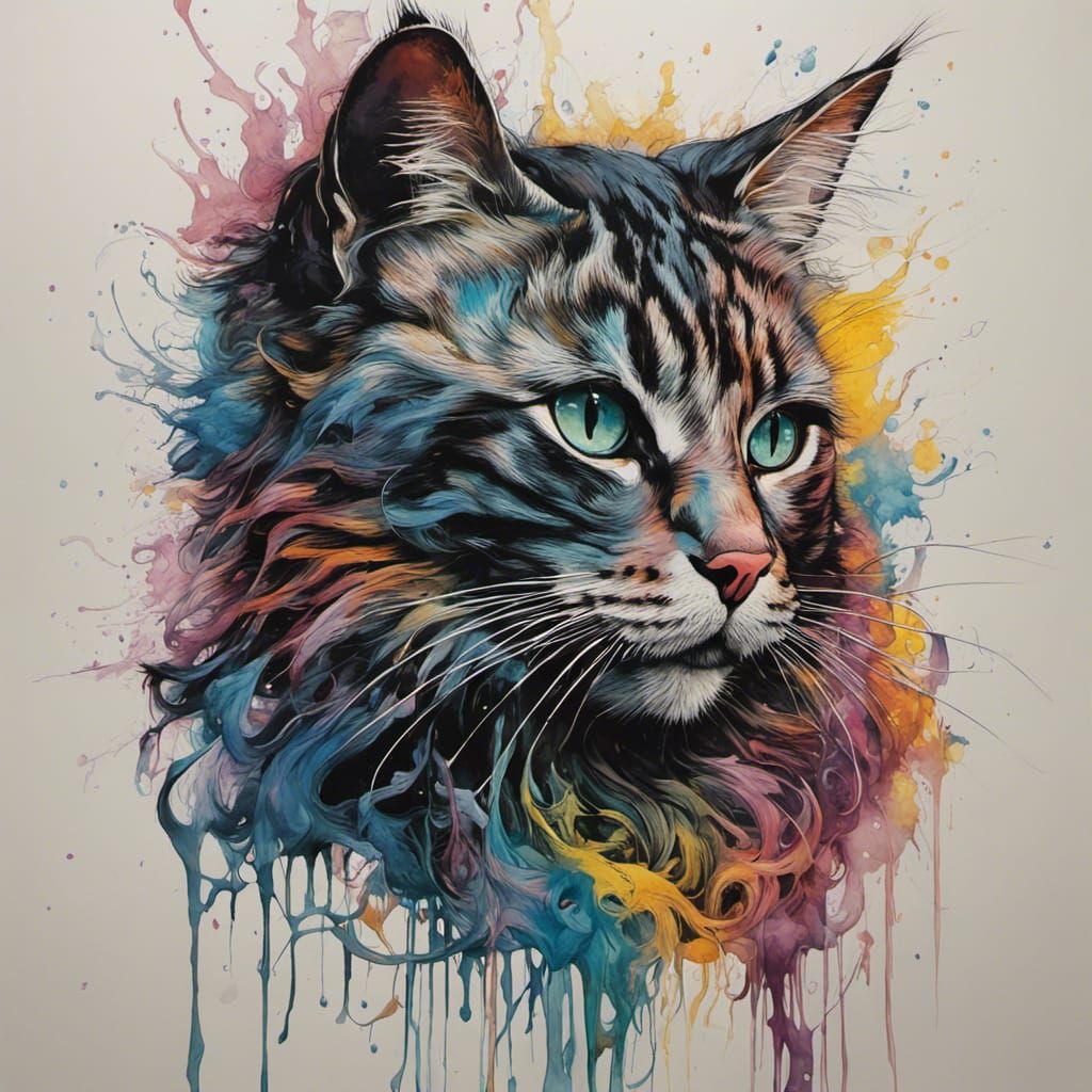 Colorful Cat Portrait with Black Ink Flow