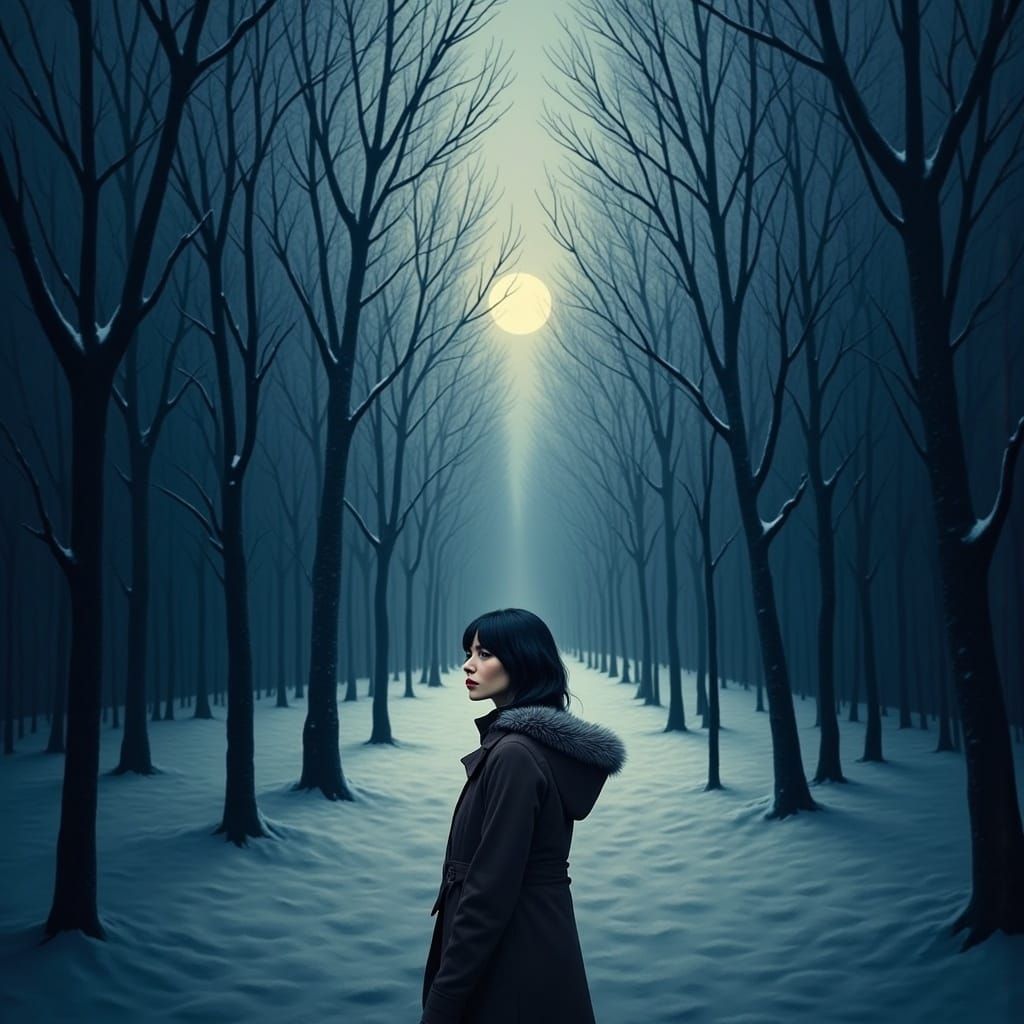 Woman in Snowy Forest, in Expressionist Style