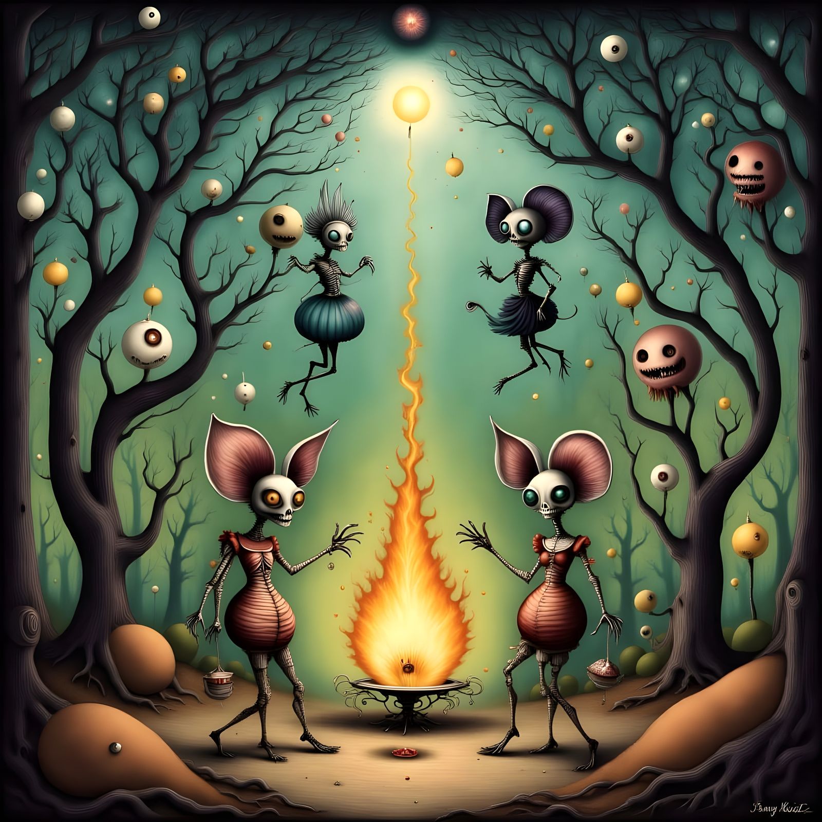 Surreal Watercolor and Encaustic Art of Critters Dancing