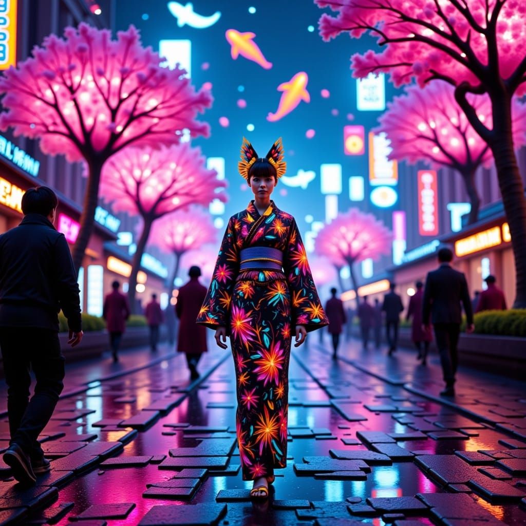 Neon Nocturne Festival: Woman in Glowing Kimono