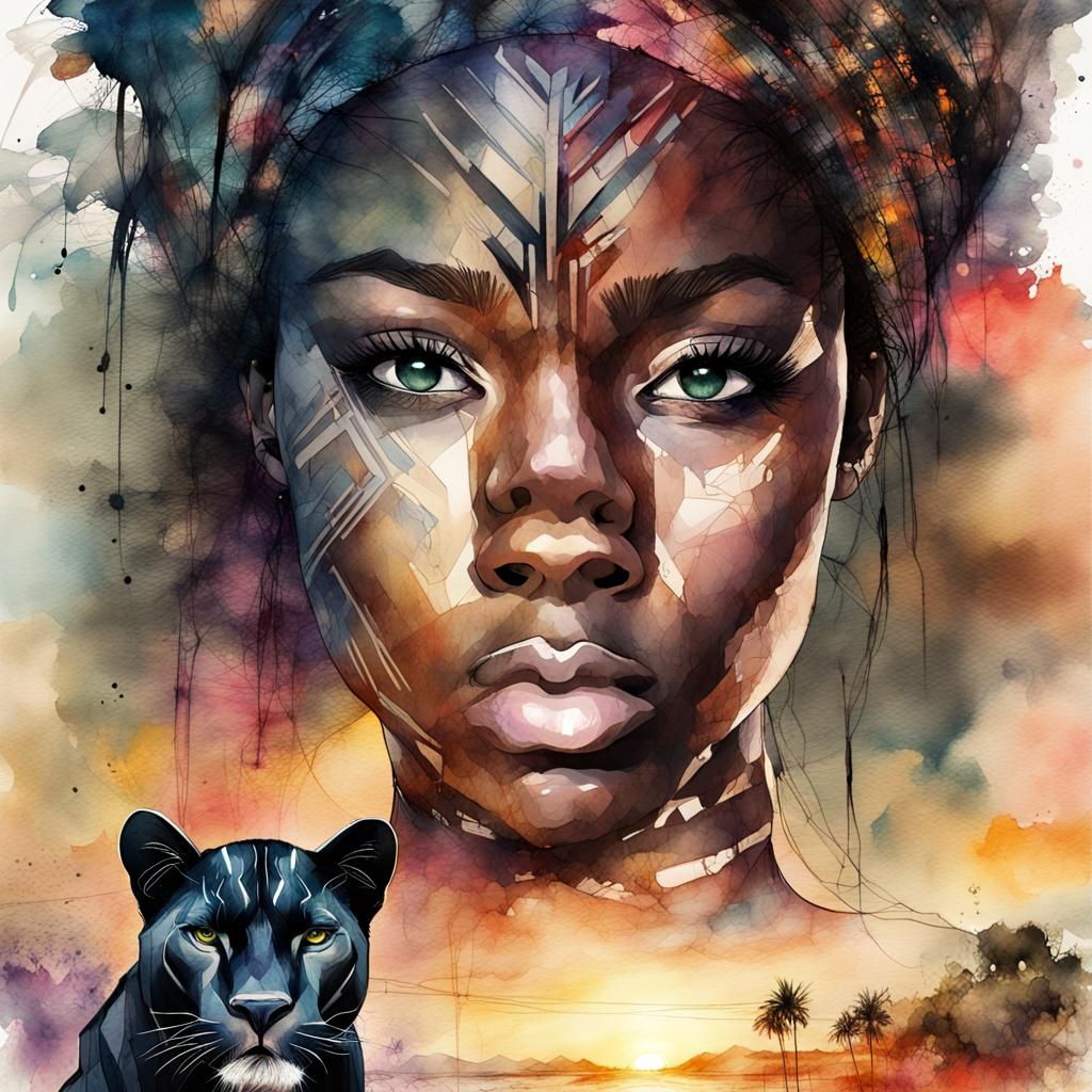 Black Panther Sunset: Digital Watercolor Illustration