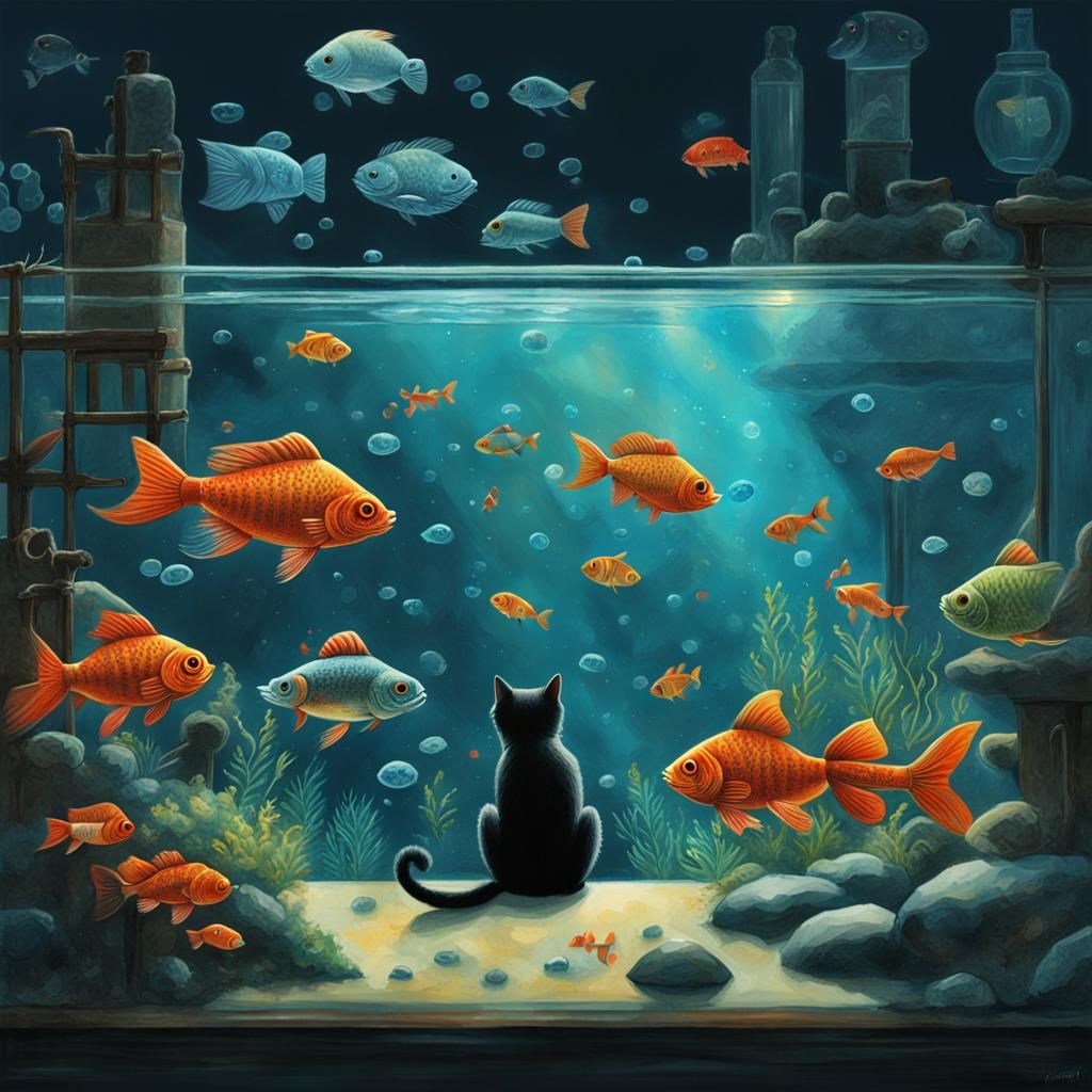 Cat Gazing at Fish: Detailed Matte Painting