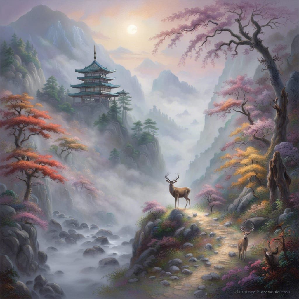 Miyajima Deer Climbing Mount Misen: Kinkade Style